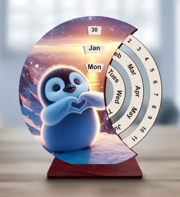 Houten roterende kalender - Pinguïn design